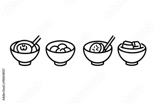 Asian Cuisine Line Icons: Four bowls of delicious Asian food, depicted in simple yet elegant line art style. Perfect for menus, recipe blogs, or culinary websites.