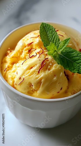 Close-up of Delicious Saffron and Mint Ice Cream in a White Bowl. photo