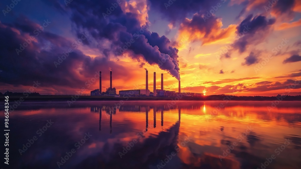 A factory with tall smokestacks emits smoke at sunset, creating vibrant reflections on calm water, contrasting nature and industry. A factory with tall smokestacks emits smoke at sunset, creating vibrant reflections on calm water, contrasting nature and industry.