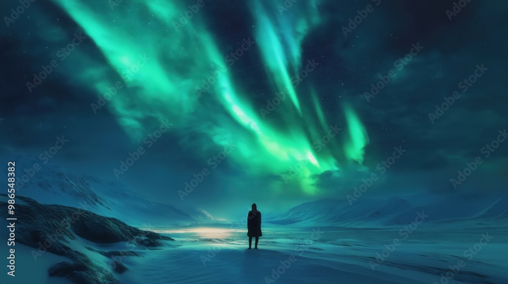 Fototapeta premium A lone figure stands on a snowy landscape beneath a glowing aurora borealis, surrounded by mountains under a starry sky.