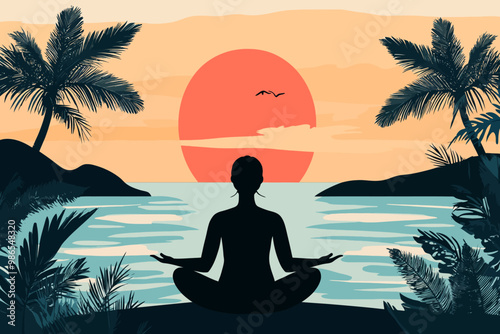 Tranquil Sunset Meditation: Silhouette of a person meditating peacefully by the ocean at sunset, surrounded by lush tropical foliage. A serene and calming image perfect for wellness, yoga.