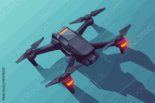 Drone Soaring Above: A sleek black drone with red lights, capturing a futuristic and modern aesthetic in this isometric illustration. The drone is poised for flight, ready to explore new horizons. 