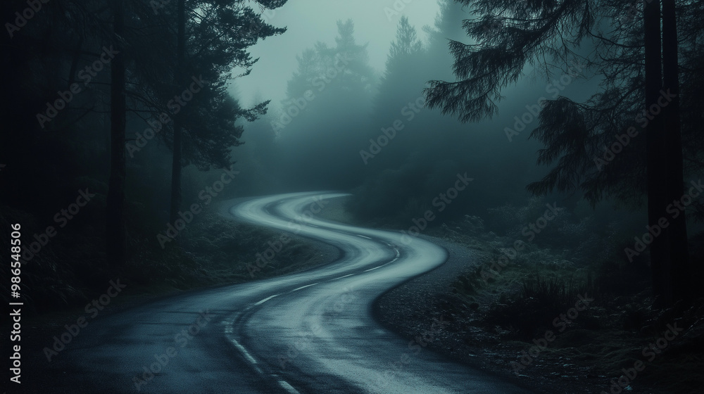 Mysterious Journey: Moody Atmospheric Shot of a Winding Road in Fog Mysterious Journey: Moody Atmospheric Shot of a Winding Road in Fog