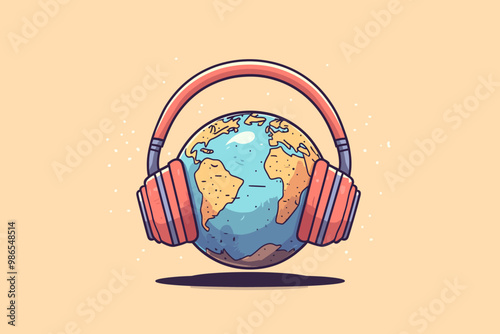 The World is Listening: A colorful and playful illustration of the Earth wearing headphones, representing a global connection to music and sound. This design is perfect for promoting music festivals.