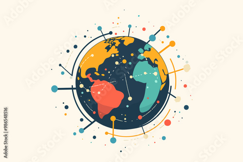 Global Connections: A vibrant illustration depicting a connected world, with a stylized earth at its center and radiating lines of interconnectedness, symbolizing global communication, networking.