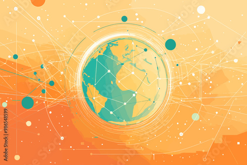 Global Network: A digital illustration depicting a stylized blue and green Earth surrounded by a web of interconnected lines and dots, signifying global connectivity and digital networks.  