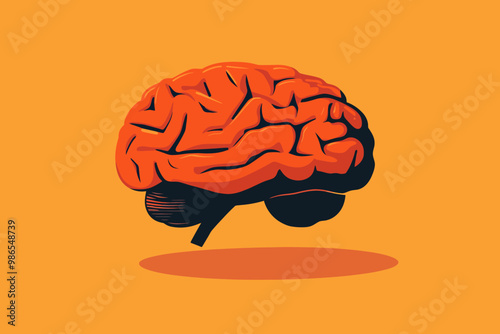 Thinking Outside the Box: A vibrant, red human brain with intricate details, isolated on a captivating orange background. This illustration evokes thoughts of intelligence, creativity.