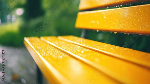 Wallpaper Mural A close-up shot of a yellow park bench with raindrops, capturing the fresh, tranquil ambiance of a rainy day. Torontodigital.ca