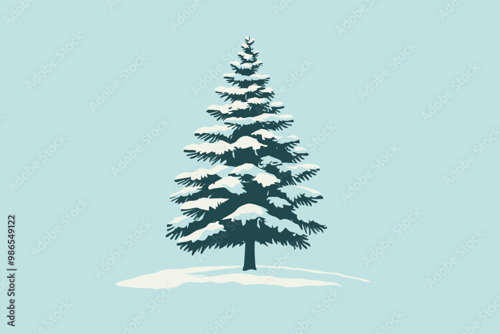 Naklejka premium Snowy Pine Tree on Light Blue Background 
