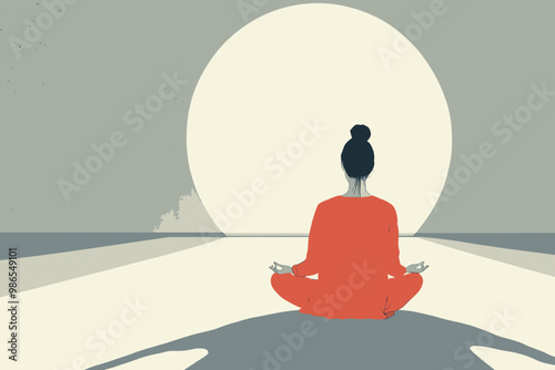 Finding Inner Peace: A minimalist illustration of a woman meditating in a serene setting, bathed in soft light, with a large circle representing the sun or moon behind her.