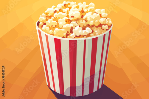 Popcorn Time: A classic red and white striped popcorn bucket overflowing with fluffy, buttery popcorn. It's a mouthwatering invitation to relax and enjoy a movie night or a fun snack.