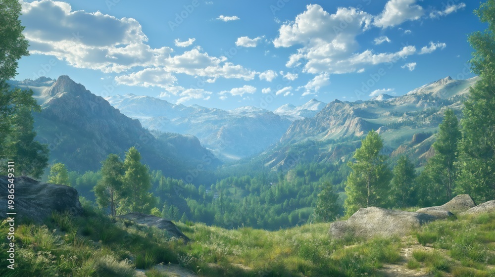 A breathtaking view of a vast green valley surrounded by mountains, with scattered trees and bright skies on a sunny day. A breathtaking view of a vast green valley surrounded by mountains, with scattered trees and bright skies on a sunny day.