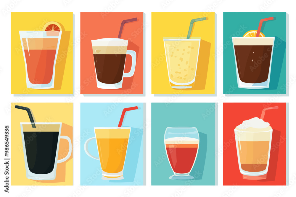 Refreshing Beverage Collection: Eight vibrant flat-lay illustrations of various drinks, including coffee, juice, and soda, perfect for menus, websites, or branding. Refreshing Beverage Collection: Eight vibrant flat-lay illustrations of various drinks, including coffee, juice, and soda, perfect for menus, websites, or branding.