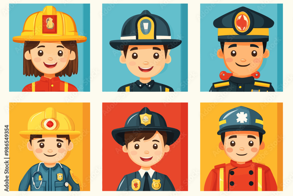 Cute Cartoon Professions: A colorful set of six cartoon illustrations featuring diverse characters in various professions, including firefighter, police officer, and doctor. Cute Cartoon Professions: A colorful set of six cartoon illustrations featuring diverse characters in various professions, including firefighter, police officer, and doctor.