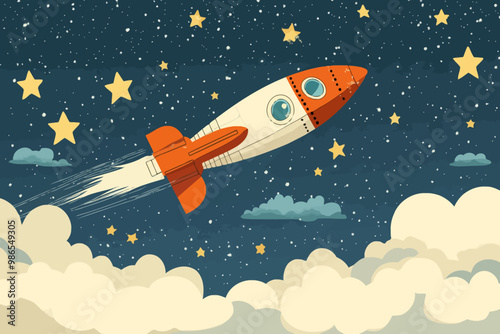 Rocket Launch: A whimsical illustration of a rocket ship soaring through a starry night sky, its fiery exhaust trail a testament to the power of dreams and ambition.
