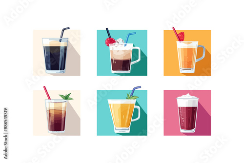 Coffee and Latte Drinks Set: A vibrant collection of six illustrated coffee and latte drinks, each with unique toppings and presented in colorful squares with long shadows. Perfect for cafes.