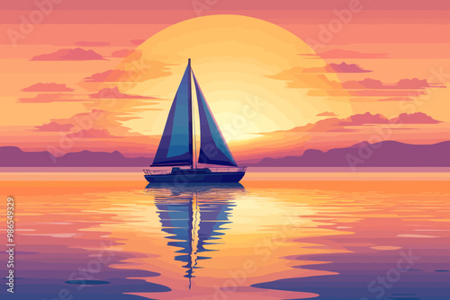 Sailing into the Sunset: A solitary sailboat glides serenely across the water, silhouetted against a vibrant, fiery sunset.  A breathtaking scene of tranquility and hope, captured in a vivid.