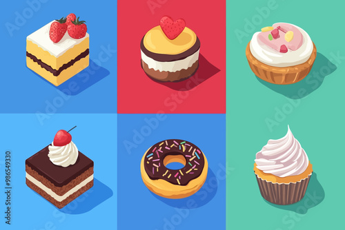 Sweet Treats Collection: Isometric View of Delicious Cakes, Donuts, and Cupcakes 
