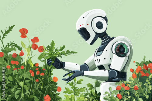 Robot Gardener: A futuristic vision of a white robot tending to a field of vibrant red poppies. This illustration explores the intersection of nature and technology.
