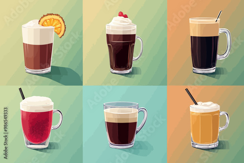 Coffee and Latte Collection: A vibrant and colorful collection of six unique coffee and latte illustrations in a flat design style. Each beverage boasts a distinct flavor and presentation.