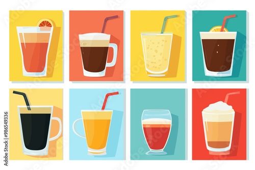 Wallpaper Mural Refreshing Beverage Collection: Eight vibrant flat-lay illustrations of various drinks, including coffee, juice, and soda, perfect for menus, websites, or branding.   Torontodigital.ca