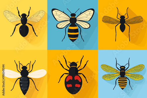 Insect Icon Set: A vibrant collection of six distinct insect icons, featuring bees, ants, and other flying insects, with a flat design and long shadows, perfect for use in web design.