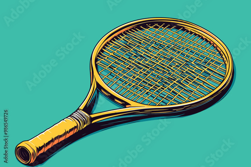 Vintage Ready: A classic wooden tennis racket, rendered in a vibrant, comic book style, rests against a turquoise backdrop, ready for action on the court. 