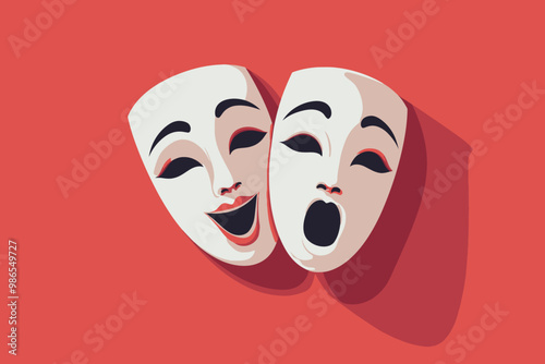 Comedy and Tragedy Masks: A vibrant illustration of the classic theater masks, representing comedy and tragedy, with a captivating red background. Their contrasting expressions symbolize the duality o