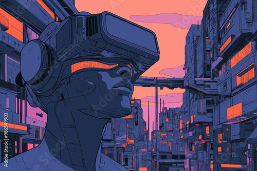 Cyberpunk Immersion: A lone figure explores a neon-drenched cityscape, their VR headset transporting them to digital realms within a futuristic metropolis.