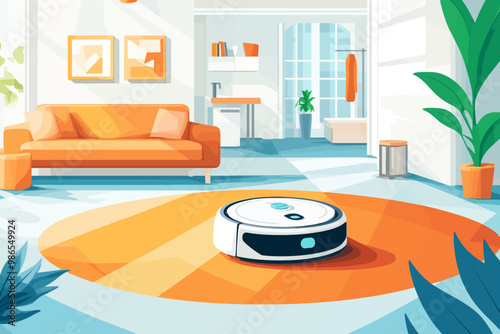 Smart Home Cleaning:  A modern robotic vacuum cleaner diligently cleans a stylish living room carpet, symbolizing effortless home automation and a clean and tidy lifestyle.