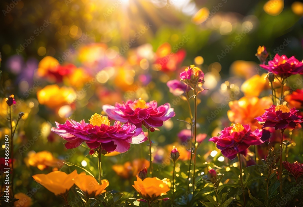 Fototapeta premium vibrant garden bursting colorful blooms lush greenery showcasing kaleidoscope floral beauty, rainbow, lgbtq, lgbt, pride, love, equality, blooming, flowers