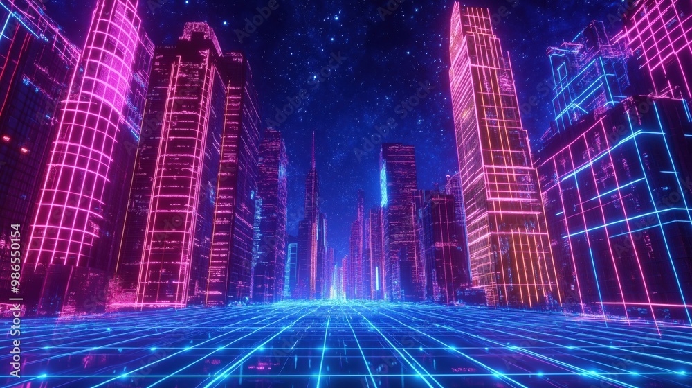 A futuristic city skyline illuminated by neon lights, featuring tall buildings and a glowing grid under a starry sky.
