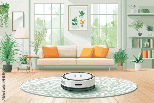 Smart Home Automation:  A sleek robot vacuum cleaner diligently cleans a modern living room, showcasing the convenience and efficiency of smart home technology. The image evokes a sense of relaxation,