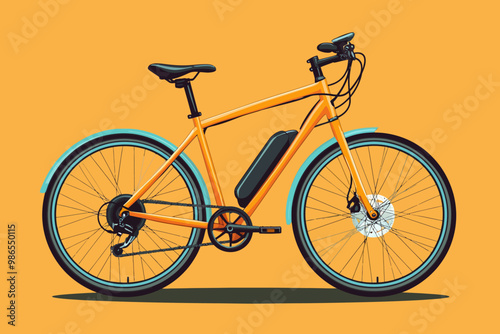Orange Electric Bicycle on Yellow Background: A sleek and modern electric bicycle with a vibrant orange frame against a sunny yellow background, showcasing a sustainable and eco-friendly mode of trans