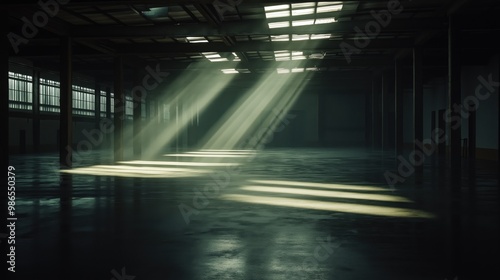 Sunlight beams through tall windows of an abandoned warehouse, illuminating dust particles in a vast, dimly lit interior.