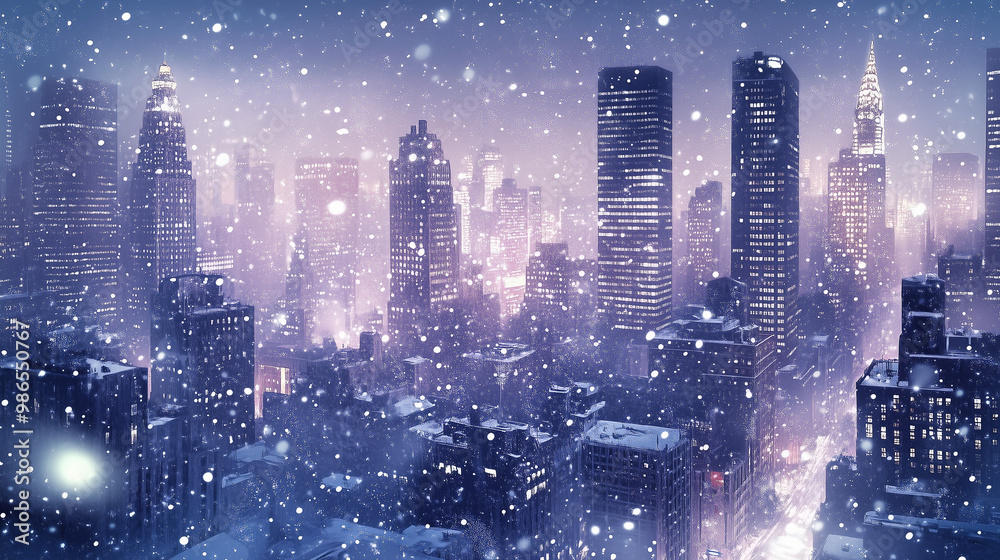 Fototapeta premium Urban Frost: Wintery Cityscape with Towering Snow-Capped Skyscrapers