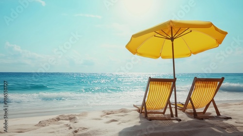 Wallpaper Mural Two bright yellow beach chairs and a matching umbrella on a sandy shore, overlooking the calm blue ocean on a sunny day. Torontodigital.ca