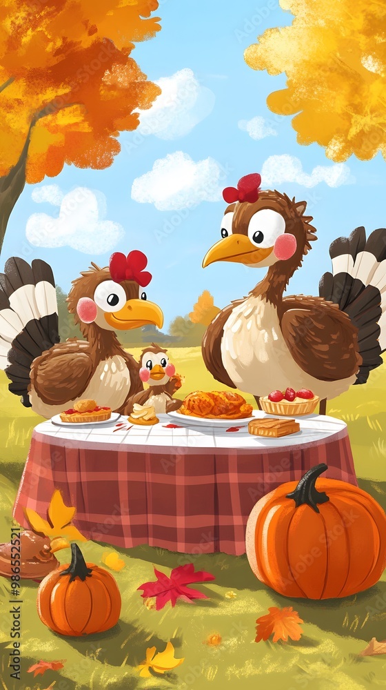 Fototapeta premium Turkey on Table with Halloween Pumpkins, Cartoon, Drawing, Abstract Image, Texture, Pattern Background, Wallpaper, Cover and Screen for Smartphone, PC, Laptop, 9:16 and 16:9 Format