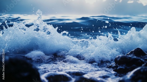 Fototapeta Naklejka Na Ścianę i Meble -  Ocean sea wave splash on rocky shore, lot of foam, dark blue water 