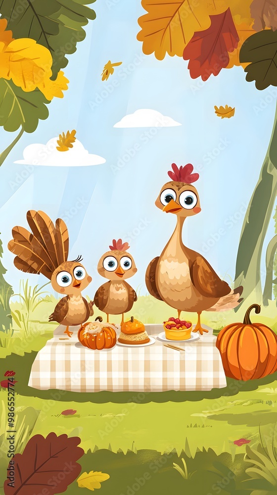 Naklejka premium Turkey on Table with Halloween Pumpkins, Cartoon, Drawing, Abstract Image, Texture, Pattern Background, Wallpaper, Cover and Screen for Smartphone, PC, Laptop, 9:16 and 16:9 Format