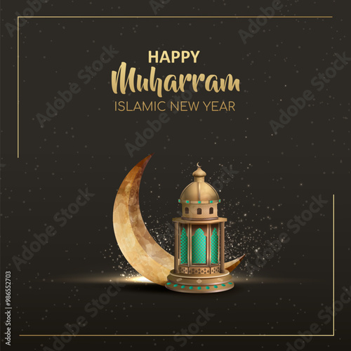 Happy muharram islamic new year card design with golden lantern and crescent moon
