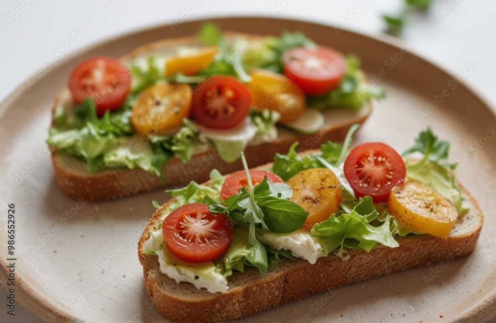Vegan simple imperfect sandwiches on a white table in a white plate close up
Vegan simple imperfect sandwiches on a white table in a white plate close up