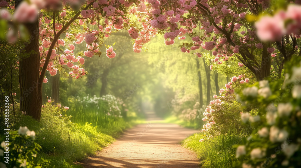 Flower-lined garden path under pink blossoms and sunlight Flower-lined garden path under pink blossoms and sunlight