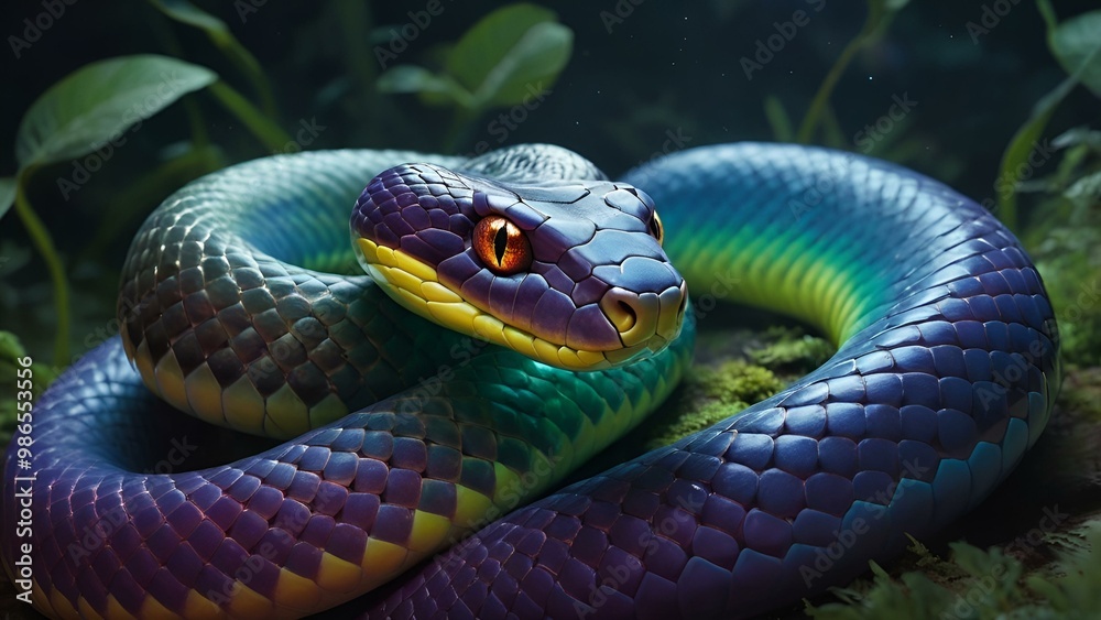 Beautifully colored snake resting on lush green foliage in vibrant natural habitat Beautifully colored snake resting on lush green foliage in vibrant natural habitat