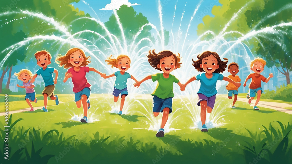 Obraz premium children running through a sprinkler on a hot summer day. bright sunlight, green grass, and the children’s laughter as they playfully splash through the water.
