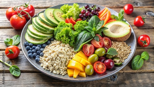 A balanced plate with healthy food, including fruits, vegetables, and whole grains