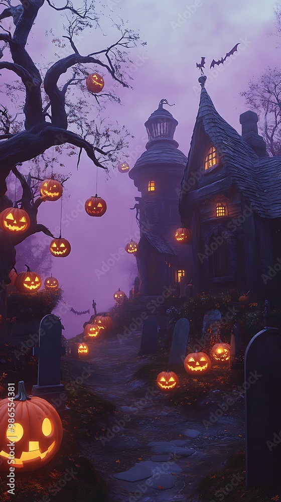 Spooky Halloween Background with Jack O Lantern, Haunted House, and Graveyard Spooky Halloween Background with Jack O Lantern, Haunted House, and Graveyard