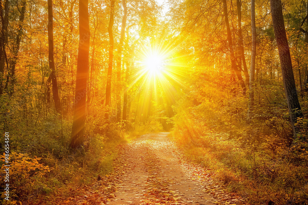 Obraz premium Sunlit autumn path through vibrant forest