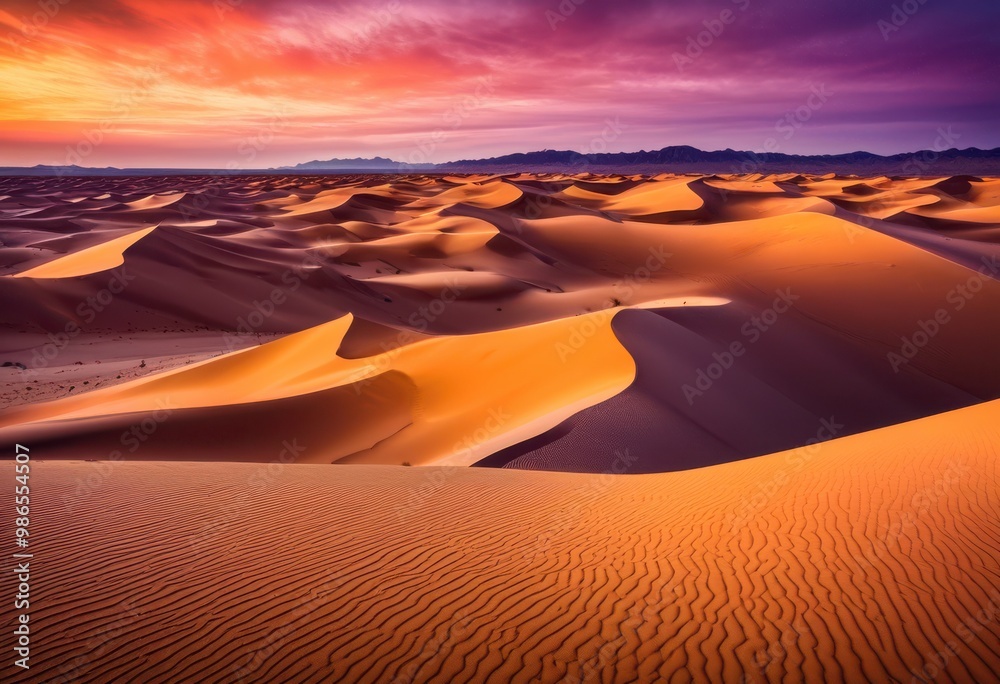 Naklejka premium vibrant sand dunes bathed breathtaking sunset glow rich colors dynamic textures, sky, clouds, orange, red, yellow, landscape, nature, scenery, desert