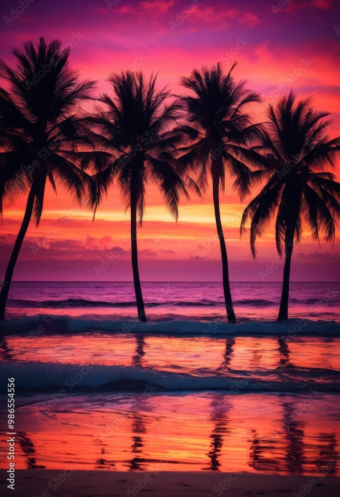 vibrant coastal sunset featuring silhouetted palm trees colorful sky, beach, dusk, evening, horizon, light, marine, ocean, paradise, reflection, scenery vibrant coastal sunset featuring silhouetted palm trees colorful sky, beach, dusk, evening, horizon, light, marine, ocean, paradise, reflection, scenery